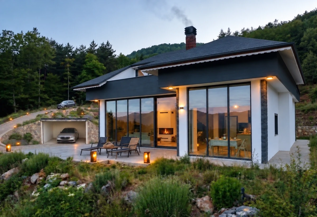 Candarlı dağ evi villası, camlı veranda ve peyzaj görünümü